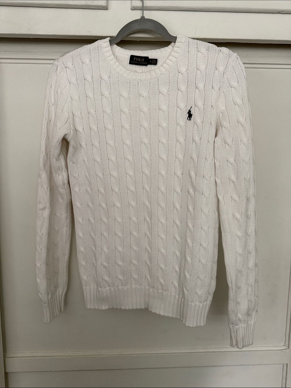 Polo by Ralph Lauren White Cable Knit Crewneck Sweater with Navy Pony